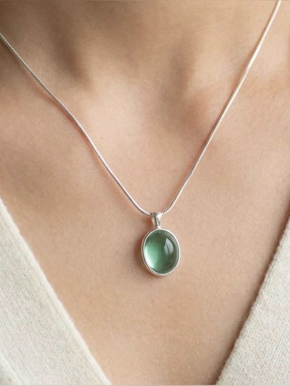Sterling Silver Light Green Glass Pendant Necklace